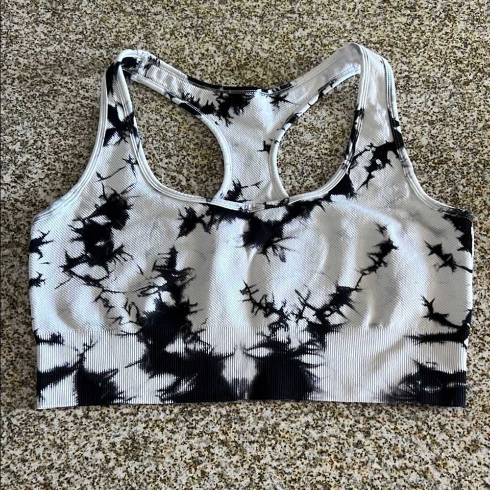 French Laundry Black and White Tie-Dyed Sports Bra